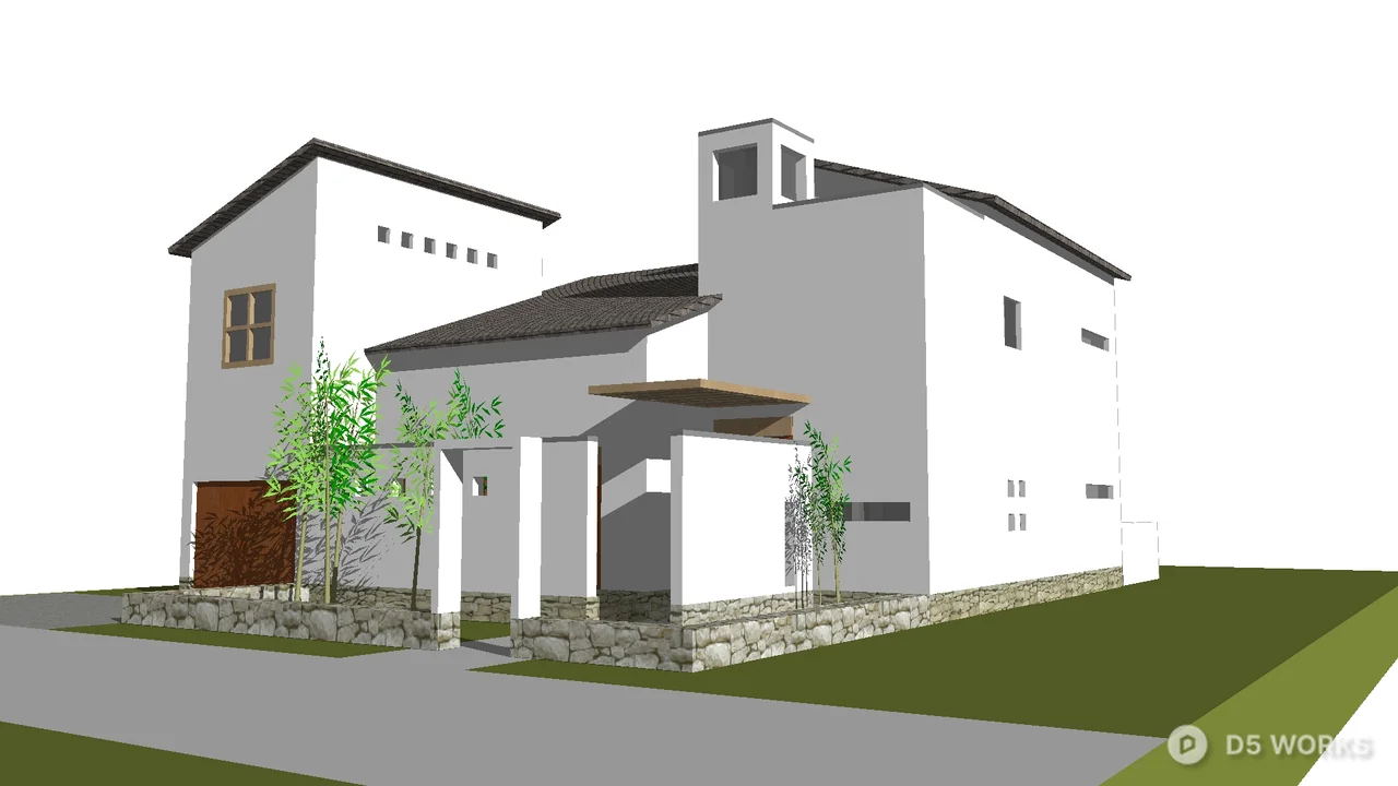 Modern White Villa With Wooden Garage Door And Bamboo Landscaping 3d model thumbnail 2