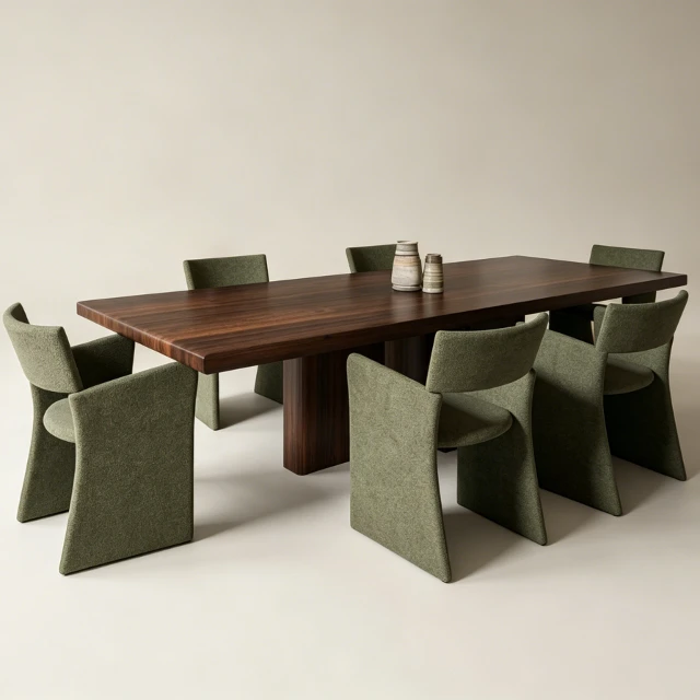 Modern Walnut Dining Table with Green Boucle Chairs 3d model