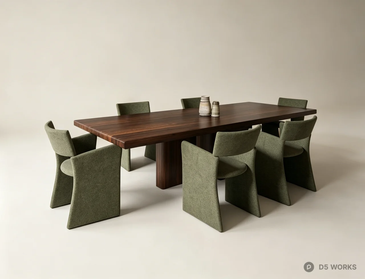 Modern Walnut Dining Table with Green Boucle Chairs 3d model - Image 1