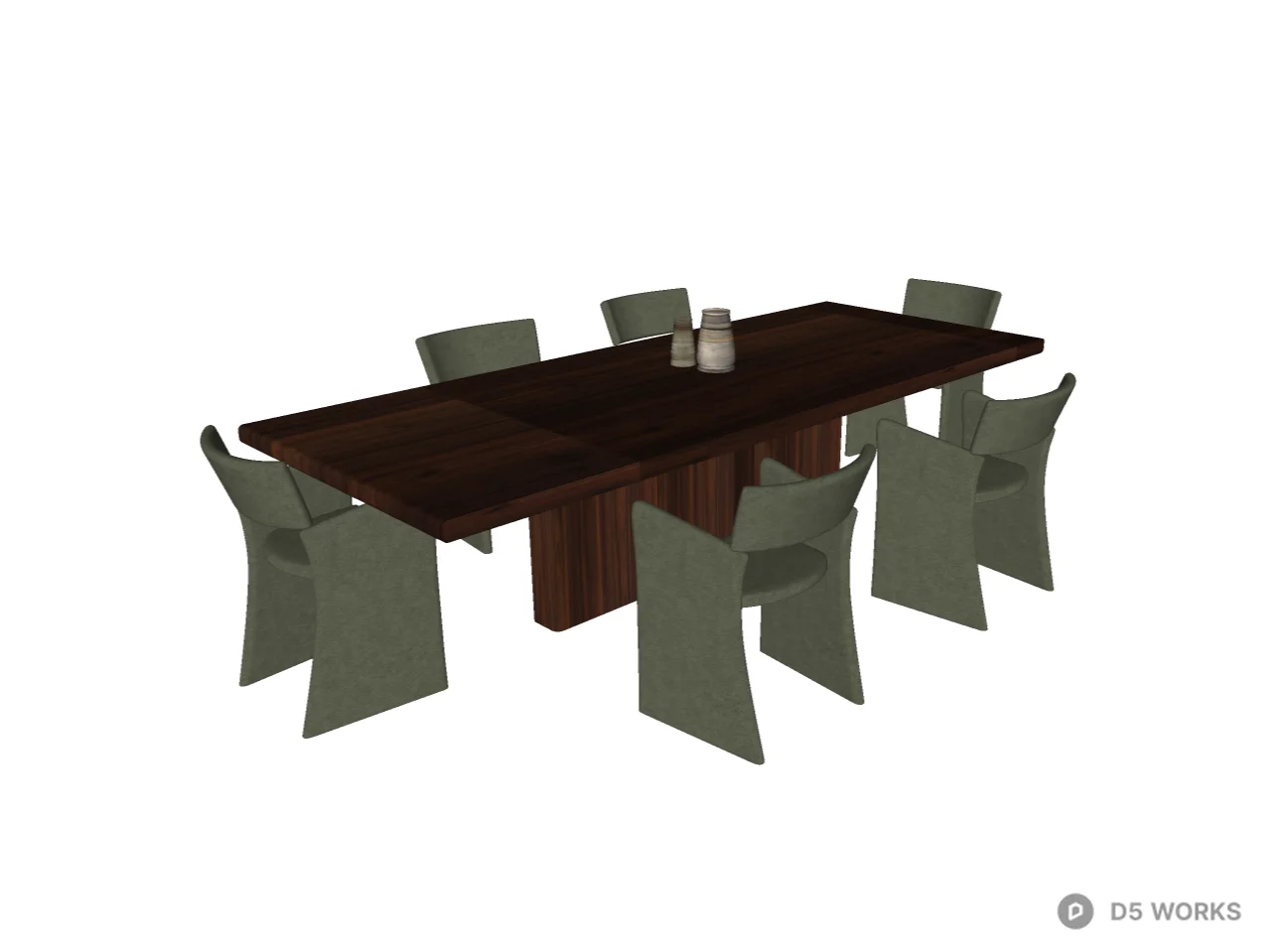 Modern Walnut Dining Table with Green Boucle Chairs 3d model thumbnail 2