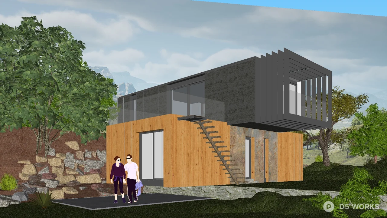 Modern Modular Villa with Wood and Metal Facade 3d model thumbnail 3