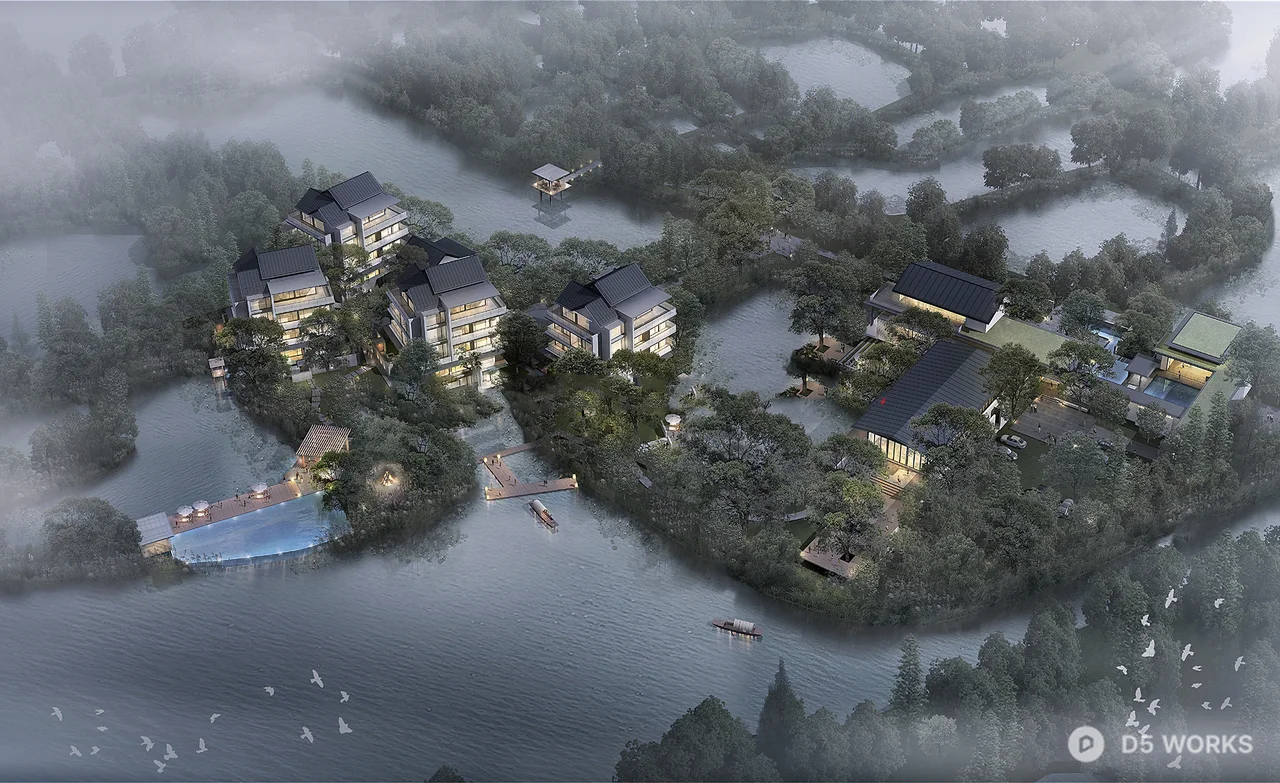 Lakeside Resort Architecture At Dusk 3d model thumbnail 2
