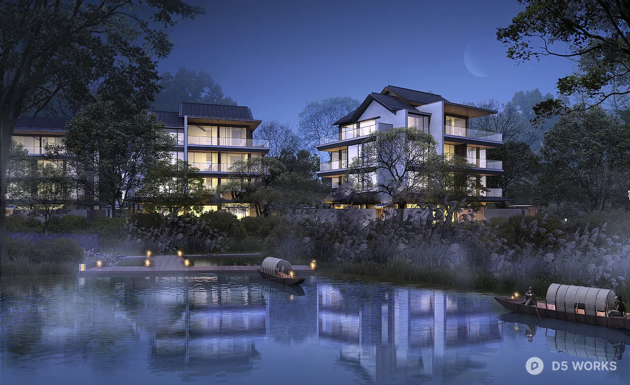 Lakeside Resort Architecture At Dusk 3d model - Image 1
