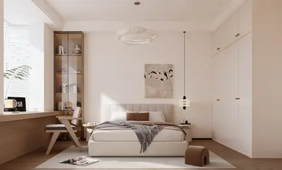 Minimalist Modern Bedroom With Floral Wall And Wooden Accents 3d model