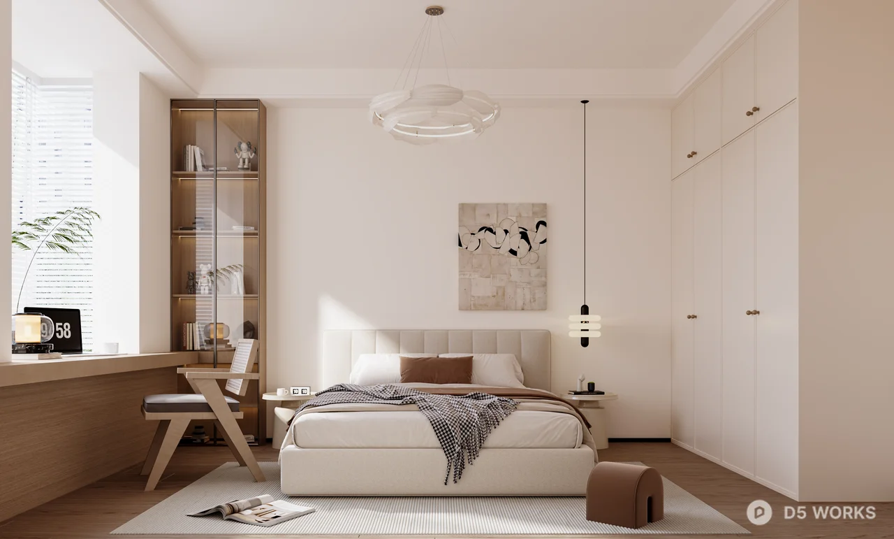 Minimalist Modern Bedroom With Floral Wall And Wooden Accents 3d model - Image 1