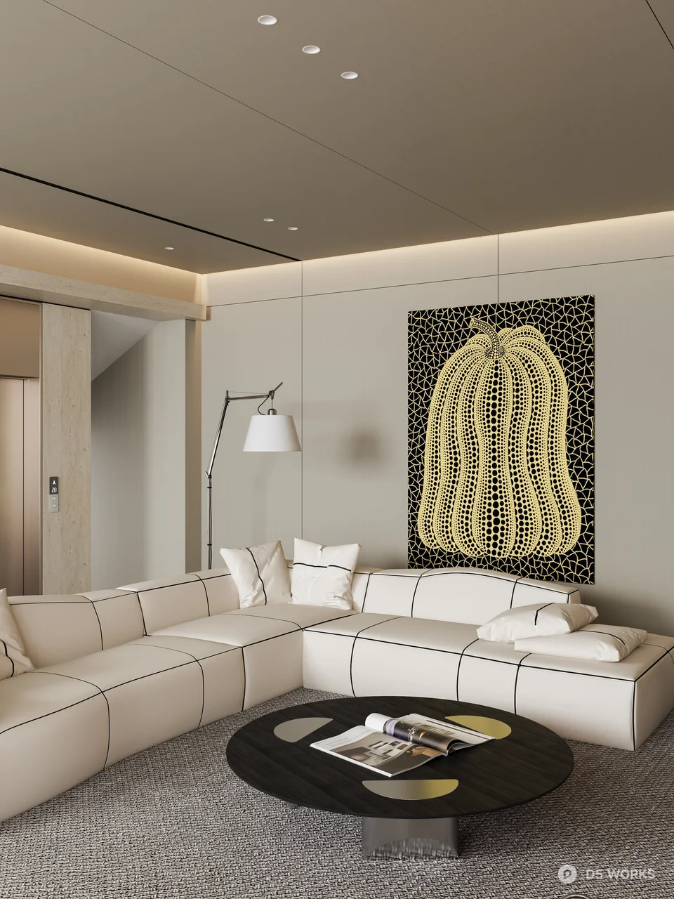 Minimalist Living Room with Art Wall and Curved Sofa 3d model thumbnail 8