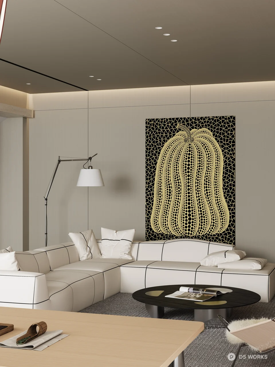 Minimalist Living Room with Art Wall and Curved Sofa 3d model thumbnail 6