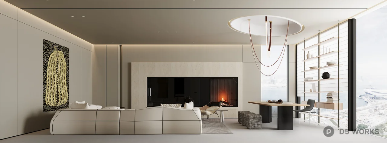 Minimalist Living Room with Art Wall and Curved Sofa 3d model thumbnail 2