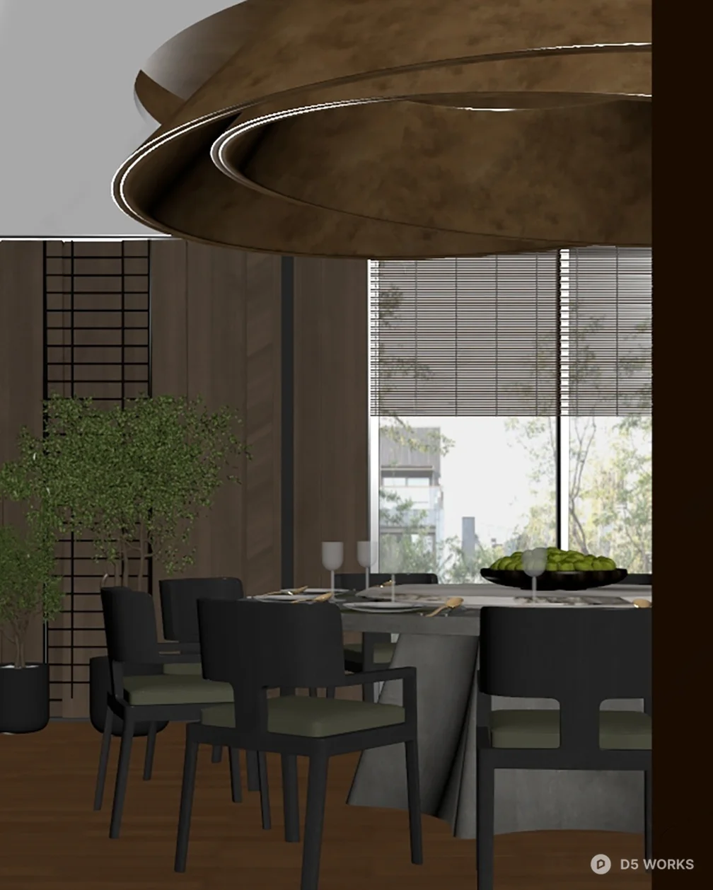 Modern Wooden Private Dining Room with Curved Ceiling 3d model thumbnail 2