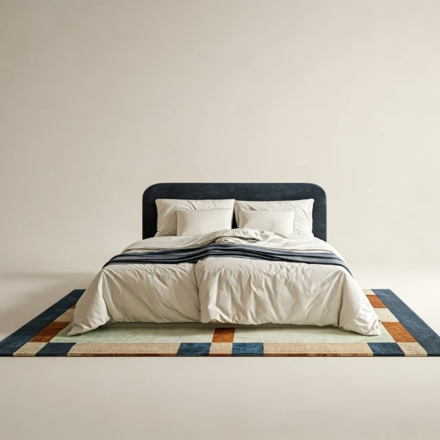 Modern Upholstered Bed with Geometric Pattern Rug 3d model