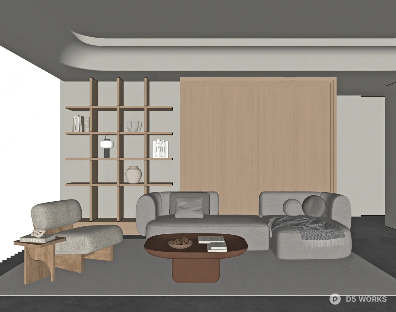Minimalist Living Room with Curved Sofa and Wooden Shelving 3d model thumbnail 2