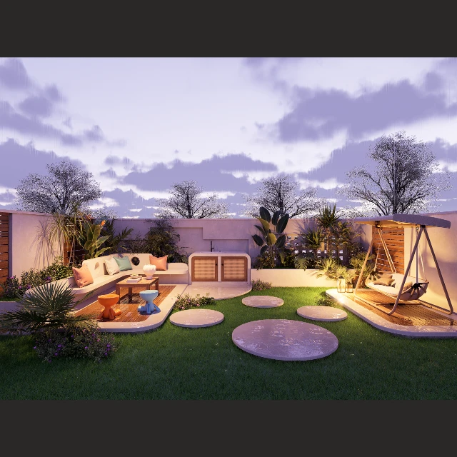 Modern Tropical Garden Patio with Concrete Stepping Stones 3d model
