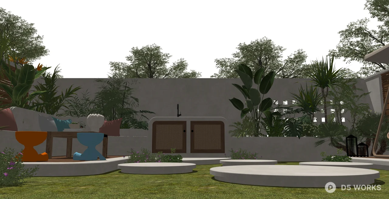 Modern Tropical Garden Patio with Concrete Stepping Stones 3d model thumbnail 2