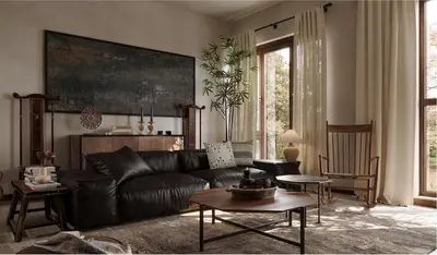 Mid Century Modern Living Room with Leather Sofa 3d model