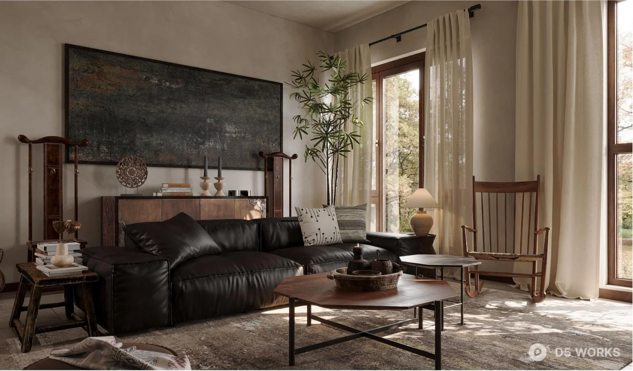 Mid Century Modern Living Room with Leather Sofa 3d model - Image 1