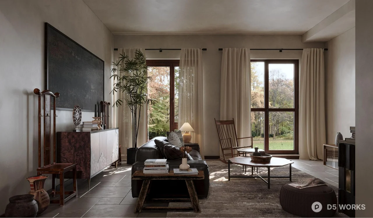 Mid Century Modern Living Room with Leather Sofa 3d model thumbnail 2