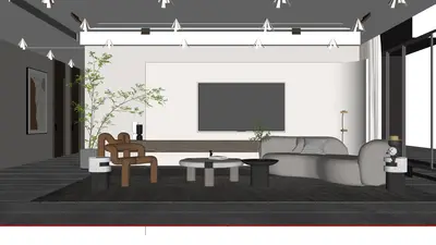 Minimalist Living Room with Gray Sofa and Wall Mounted TV 3d model