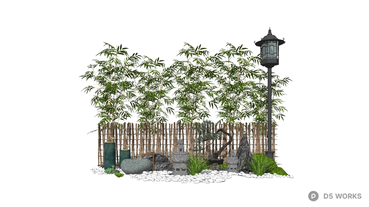 Lantern Style Landscape Lamp With Bamboo Fence 3d model - Image 1