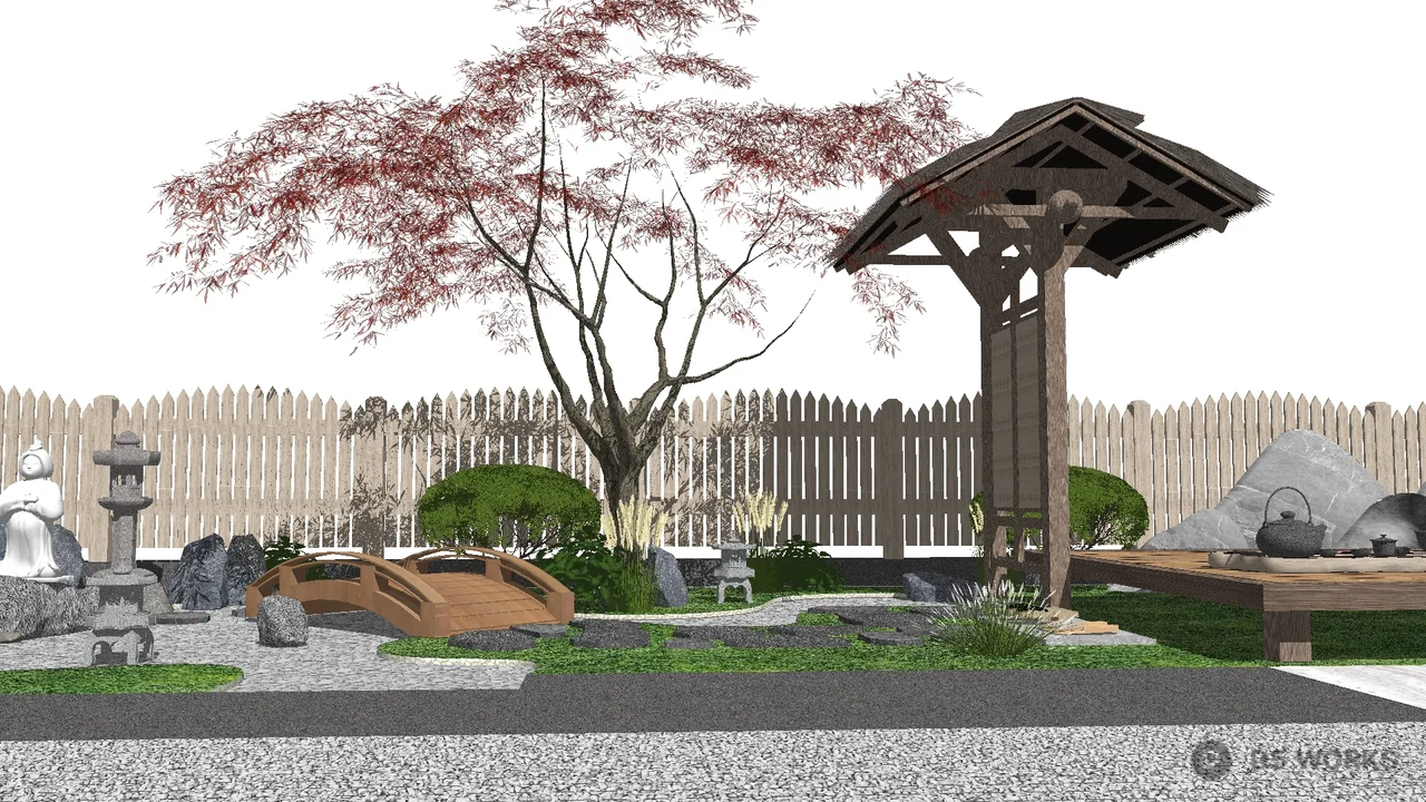 Minimalist Japanese Garden with Wooden Pavilion 3d model - Image 1