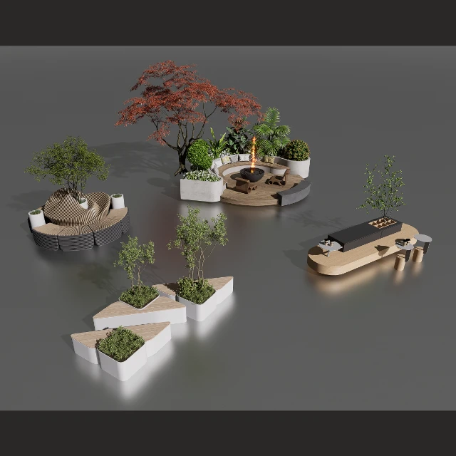 Modern Outdoor Public Seating and Planter Collection 3d model
