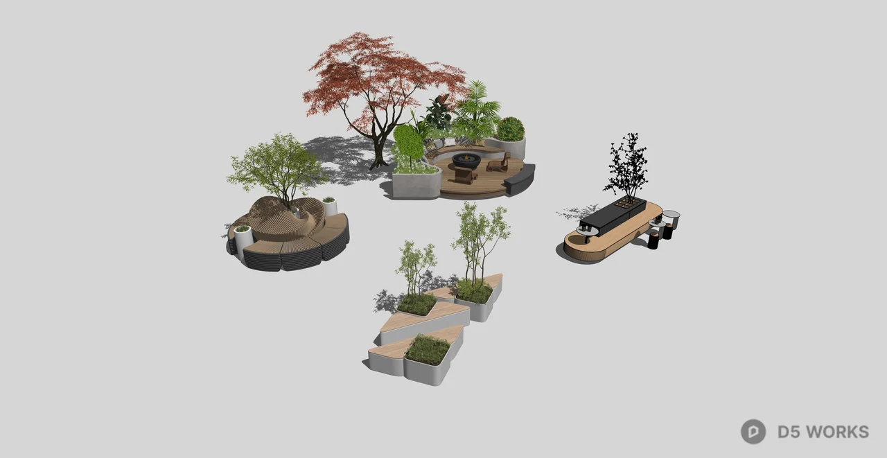 Modern Outdoor Public Seating and Planter Collection 3d model thumbnail 2