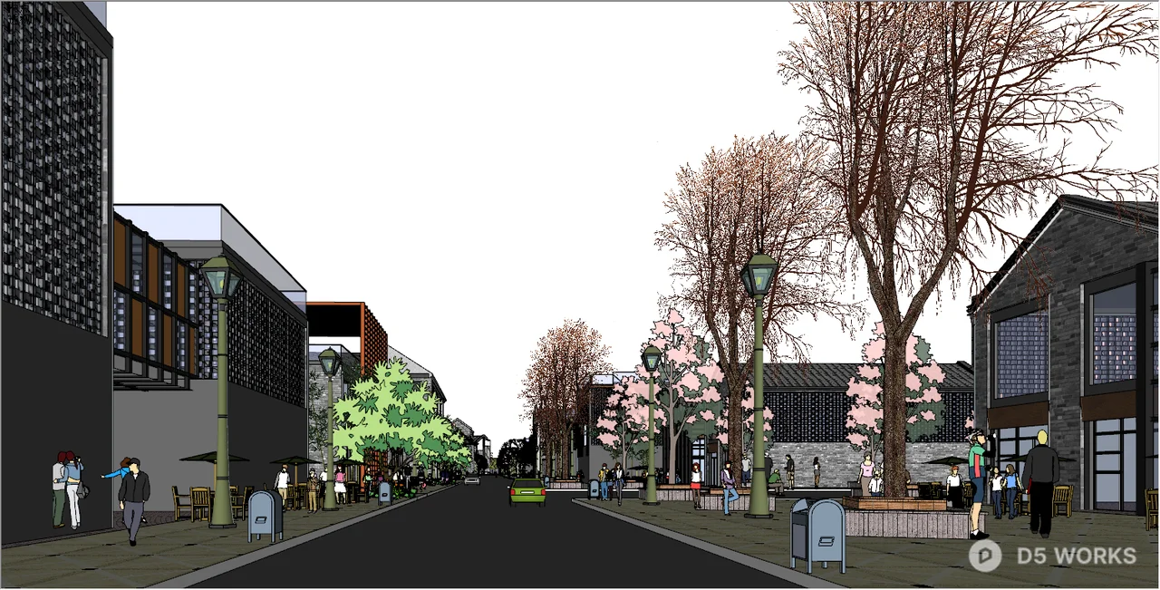 Commercial Street Landscape With Pedestrian Walkway 3d model thumbnail 2
