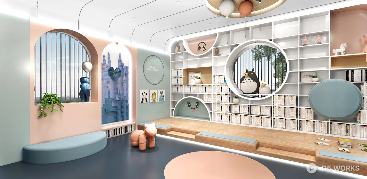 Modern Pastel Children's Library and Playroom Interior 3d model thumbnail 2