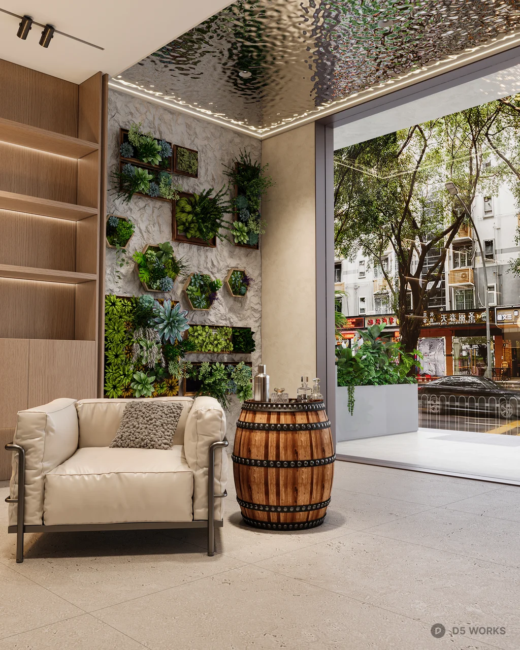 Minimalist Tea Room with Wooden Shelving and Garden View 3d model thumbnail 5