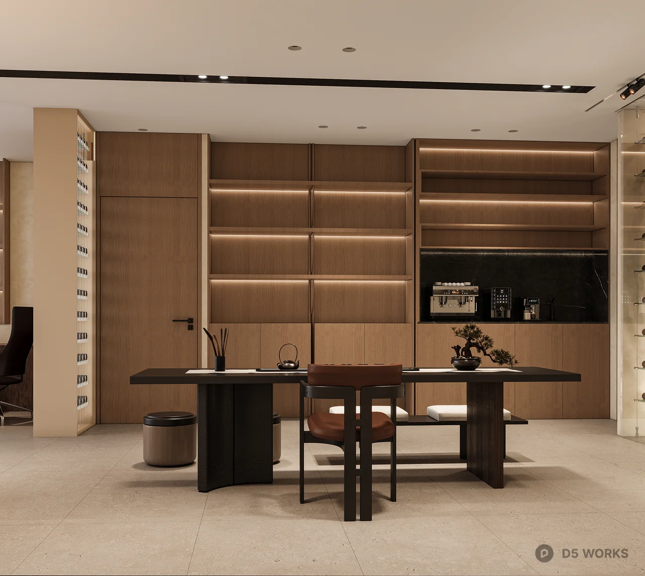 Minimalist Tea Room with Wooden Shelving and Garden View 3d model thumbnail 3