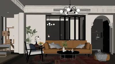 Mid Century Modern Living Room with Arched Doorway 3d model