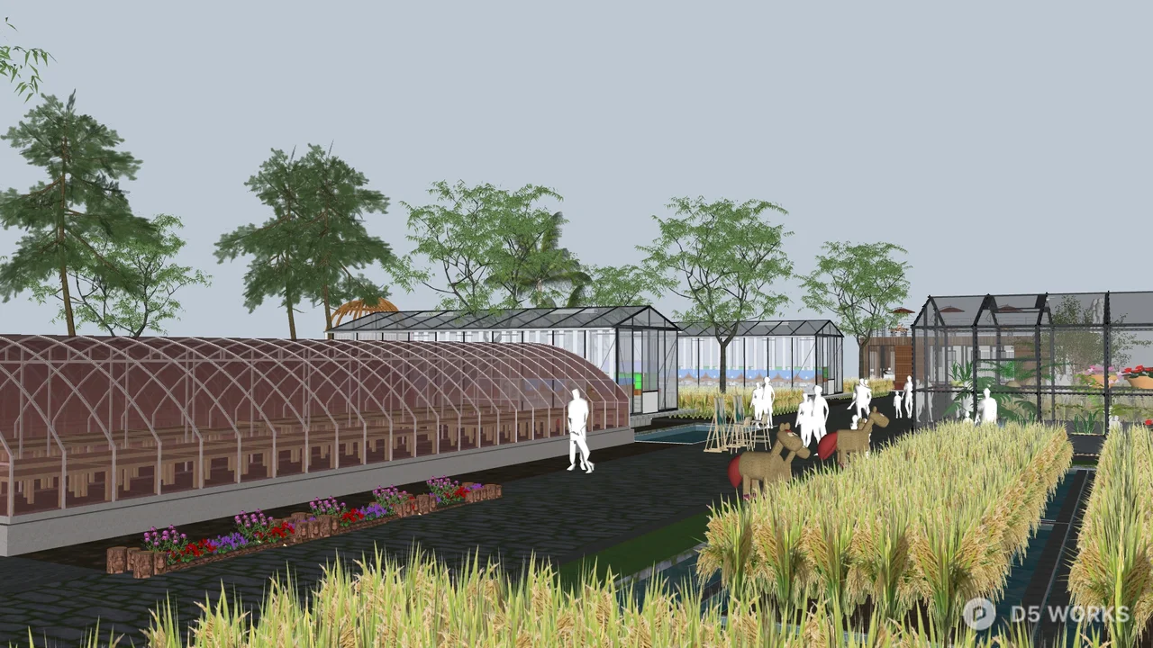 Rural Farm Landscape with Greenhouse Walkway 3d model - Image 1