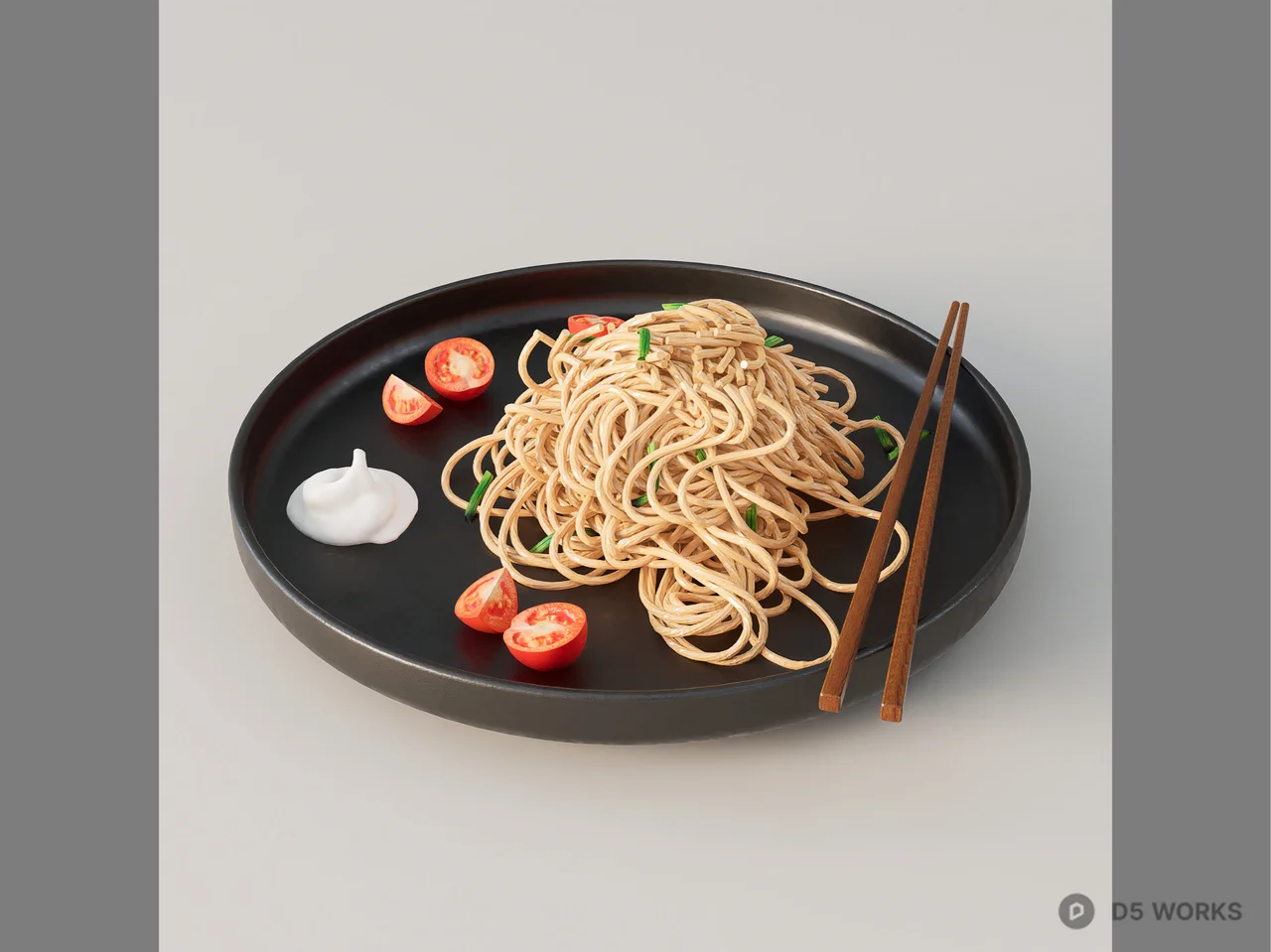 Black Oval Tray With Noodles And Chopsticks 3d model - Image 1