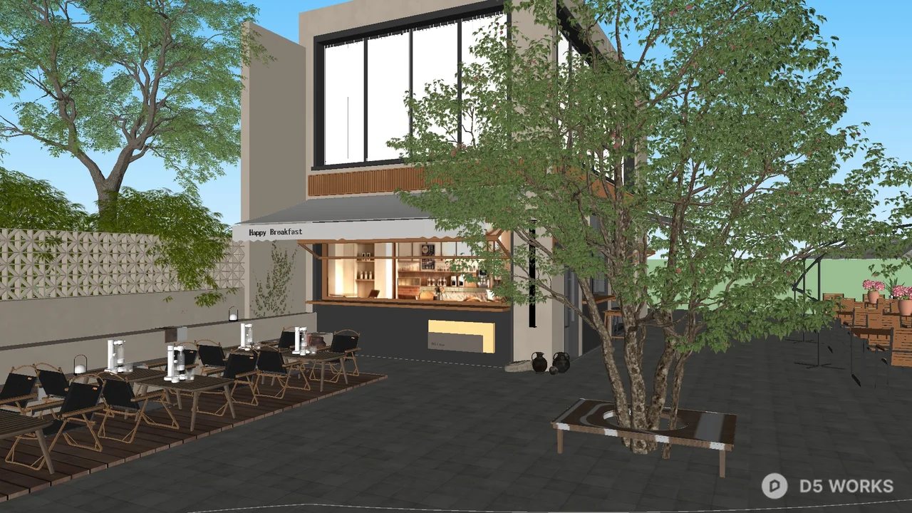 Modern Cafe Outdoor Seating Area 3d model - Image 1