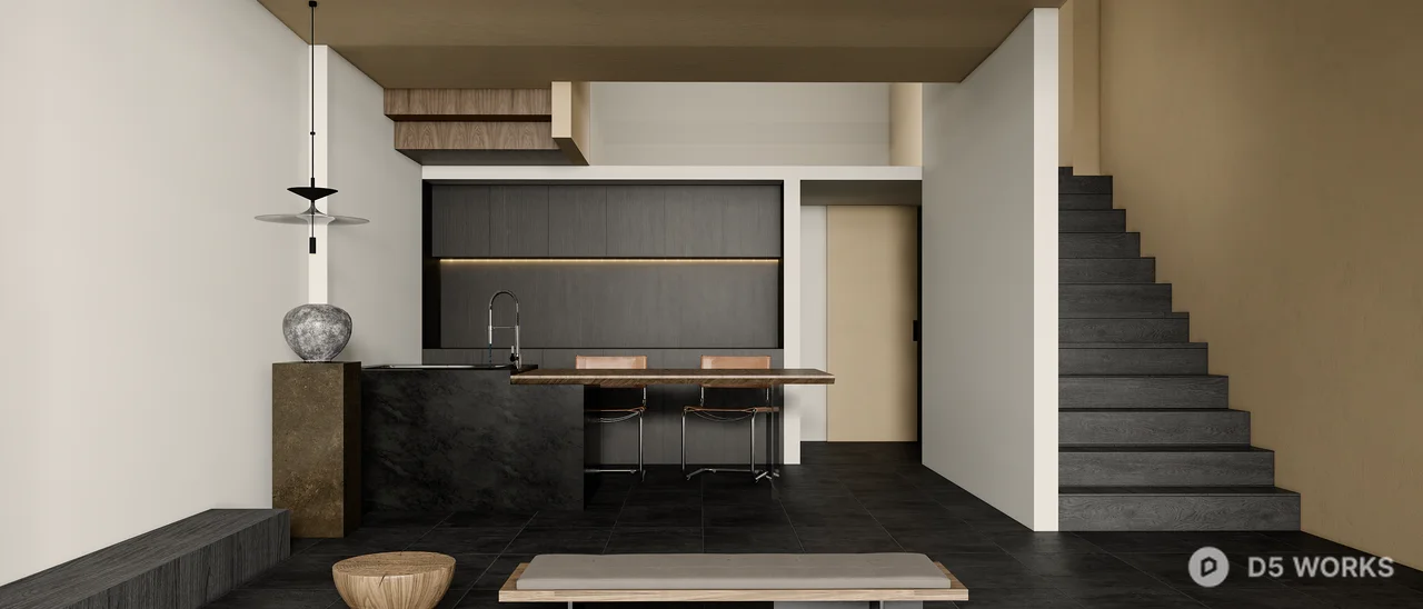 Modern Minimalist Open Kitchen And Staircase Space 3d model - Image 1