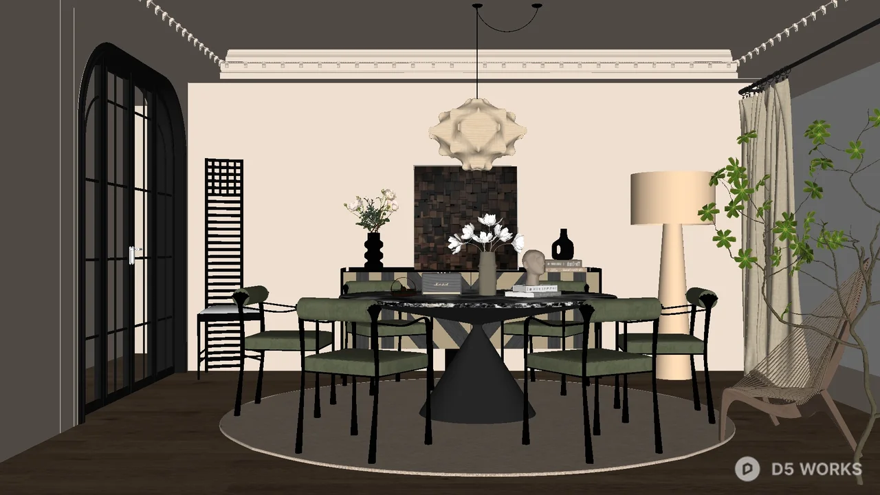 Modern Dining Room with Round Table and Pendant Light 3d model - Image 1