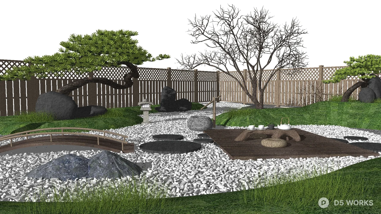 Minimalist Japanese-Style Private Garden with Gravel and Stone Arrangement 3d model - Image 1