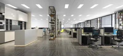 Modern Open Plan Office Space With Modular Workstations And Shelving Units 3d model