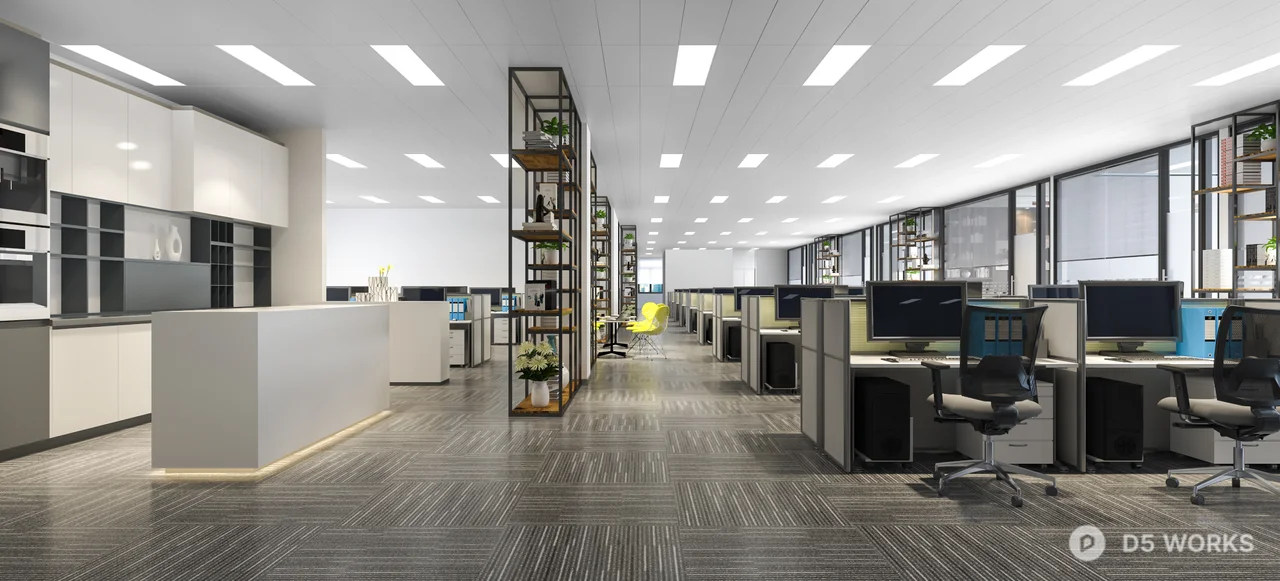 Modern Open Plan Office Space With Modular Workstations And Shelving Units 3d model - Image 1