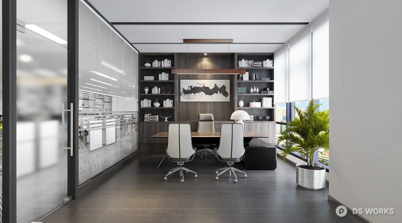 Modern Open Plan Office Space With Modular Workstations And Shelving Units 3d model thumbnail 2