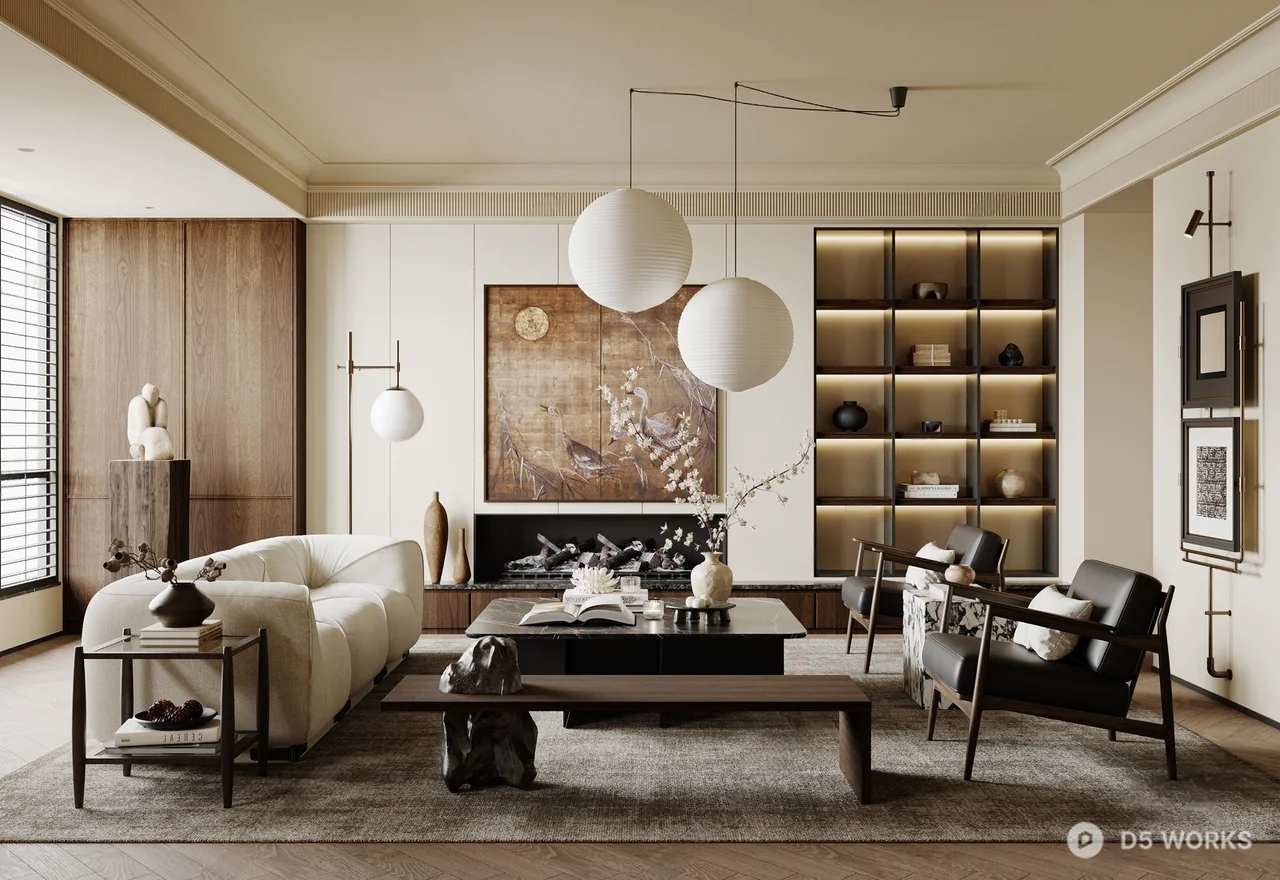 Modern Minimalist Living Room With Warm Lighting 3d model - Image 1
