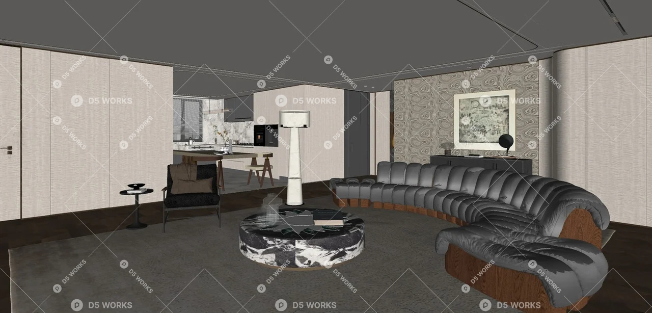 Modern Living & Dining Room 3d model thumbnail 2