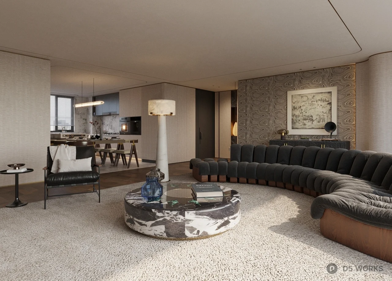 Modern Curved Sofa Living Dining Space 3d model - Image 1