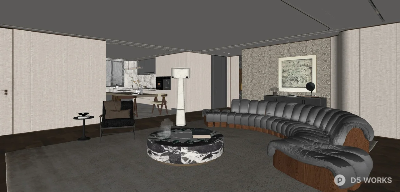Modern Curved Sofa Living Dining Space 3d model thumbnail 2