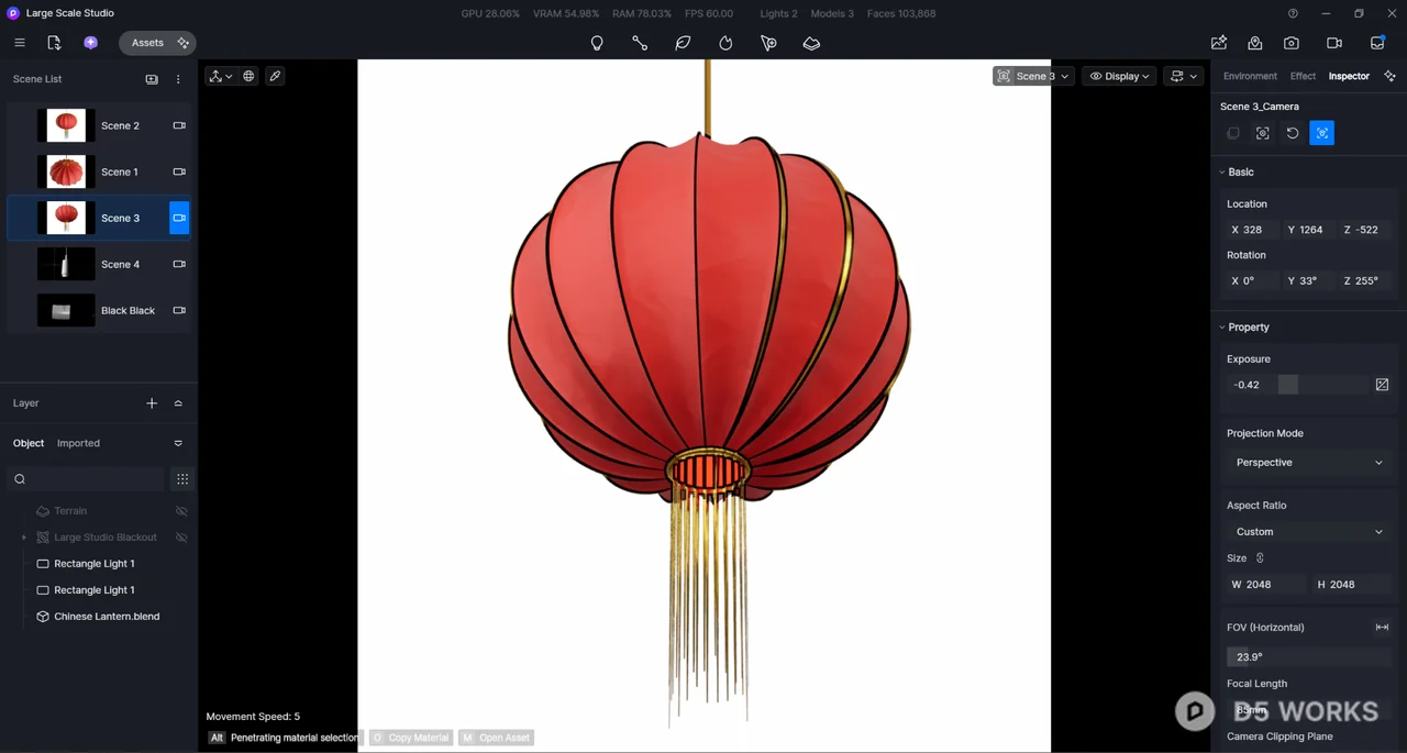 Traditional Red Silk Chinese Lantern with Gold Trim 3d model thumbnail 4