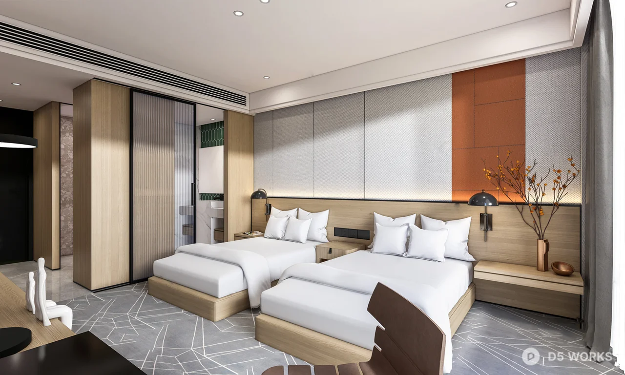 Modern Hotel Guest Room with Dual Beds and Warm Accent Wall 3d model - Image 1