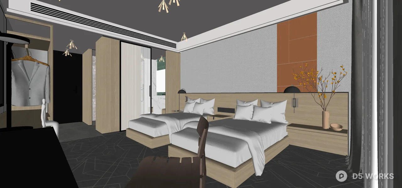 Modern Hotel Guest Room with Dual Beds and Warm Accent Wall 3d model thumbnail 2