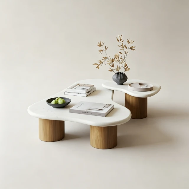 Organic White Marble and Oak Nesting Coffee Tables 3d model
