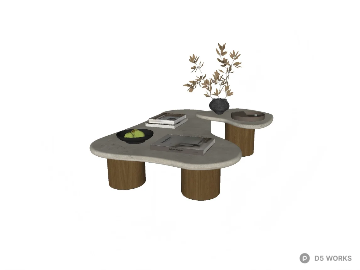 Organic White Marble and Oak Nesting Coffee Tables 3d model thumbnail 2