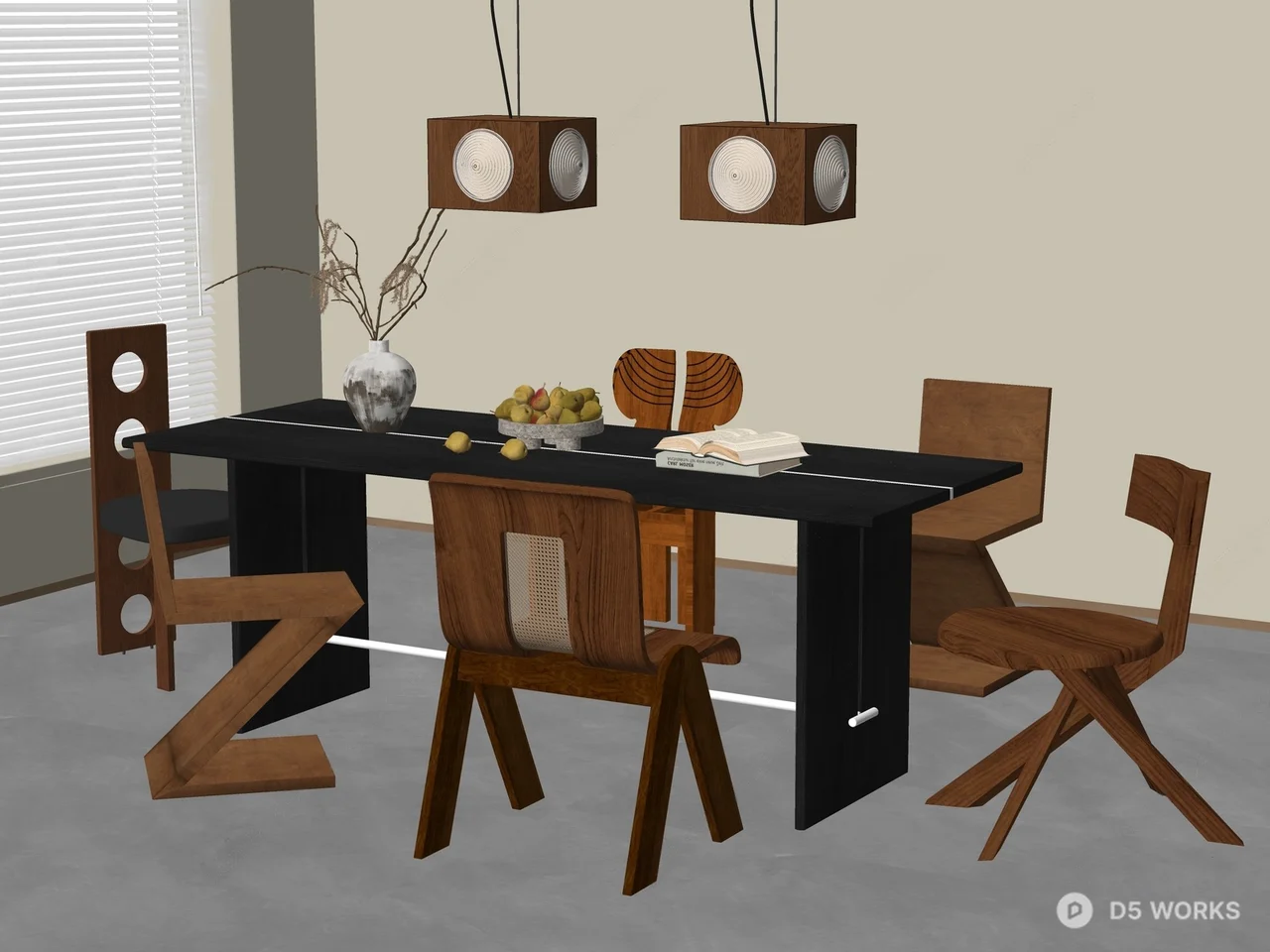 Mid-Century Modern Dining Table & Chairs Set 3d model thumbnail 2