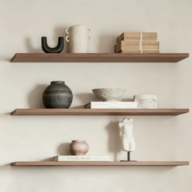 Minimalist Floating Wooden Shelves with Decor 3d model